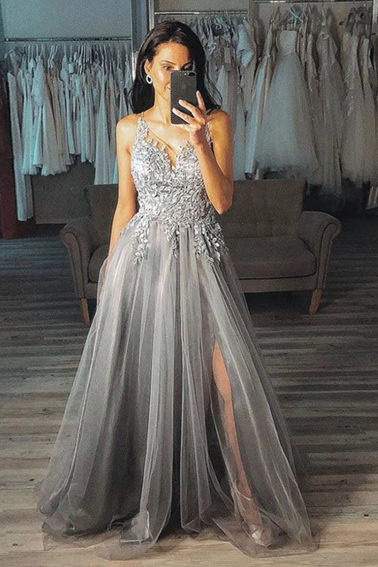 Gray Tulle Prom Dress